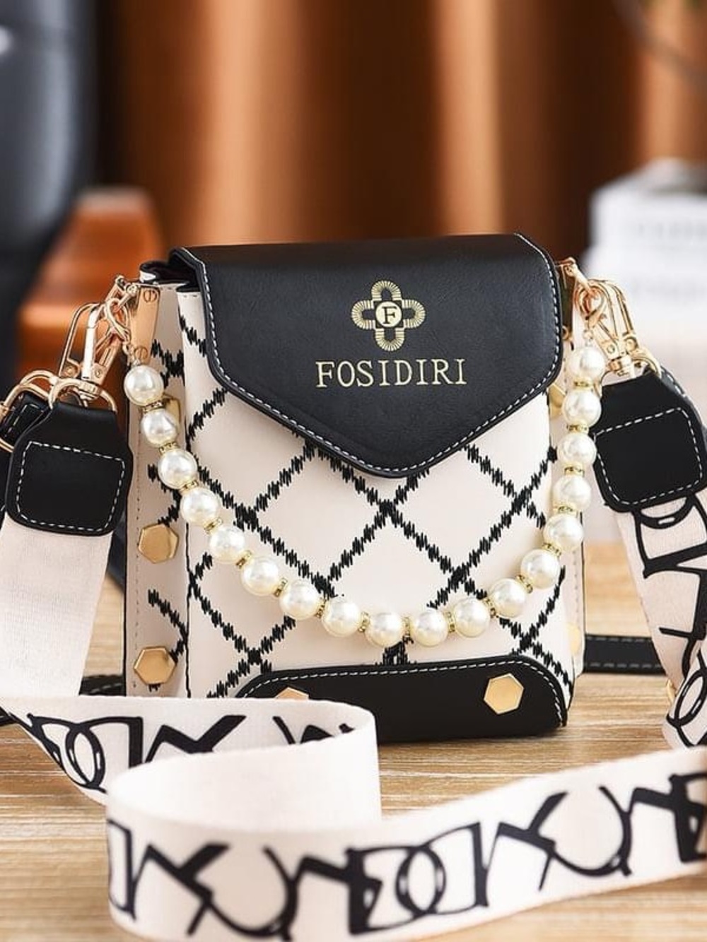 Black and Cream Crossbody Bag with Pearl Chain